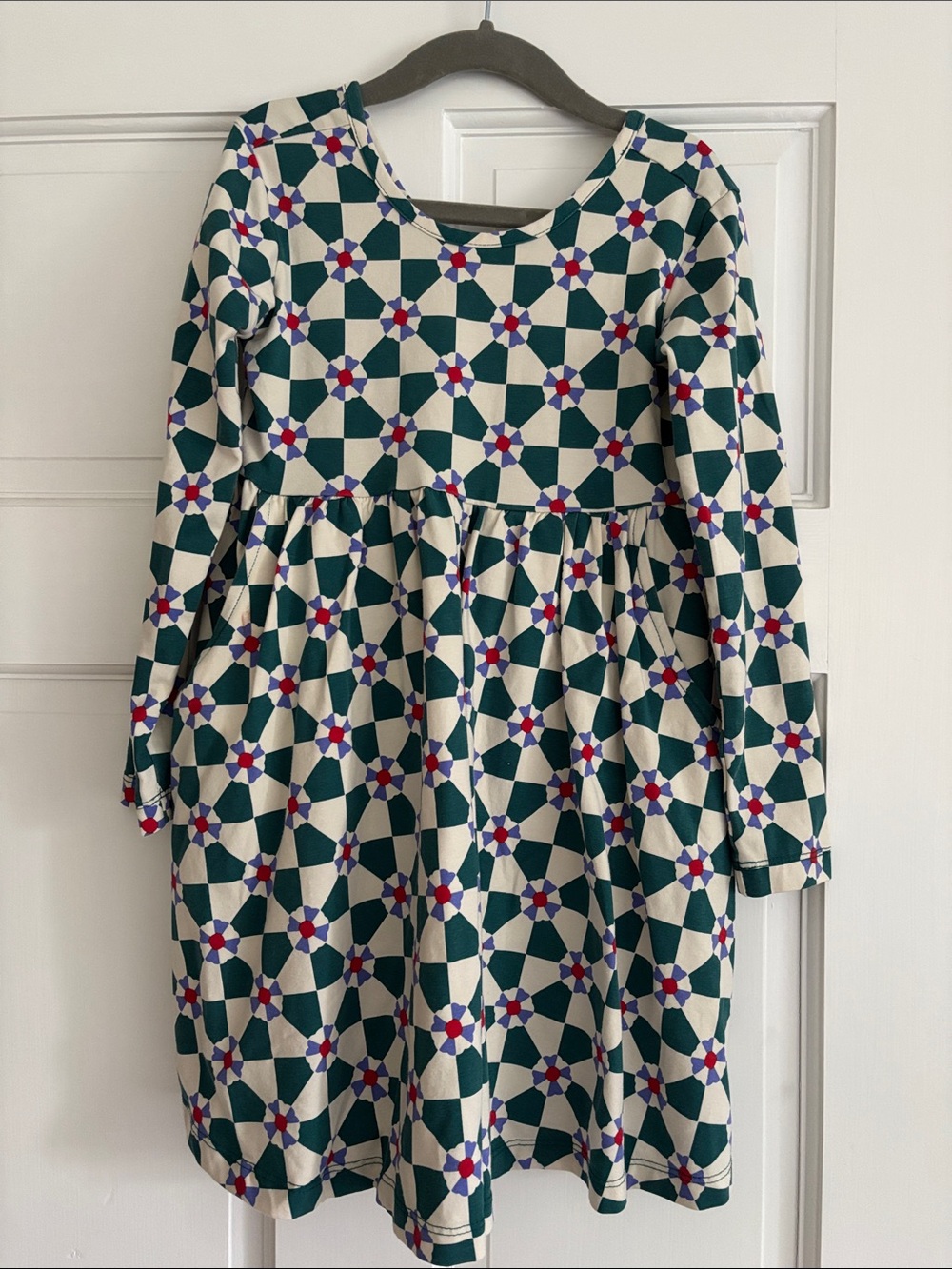 Hanna Andersson Green & Cream Geometric Long Sleeve Dress